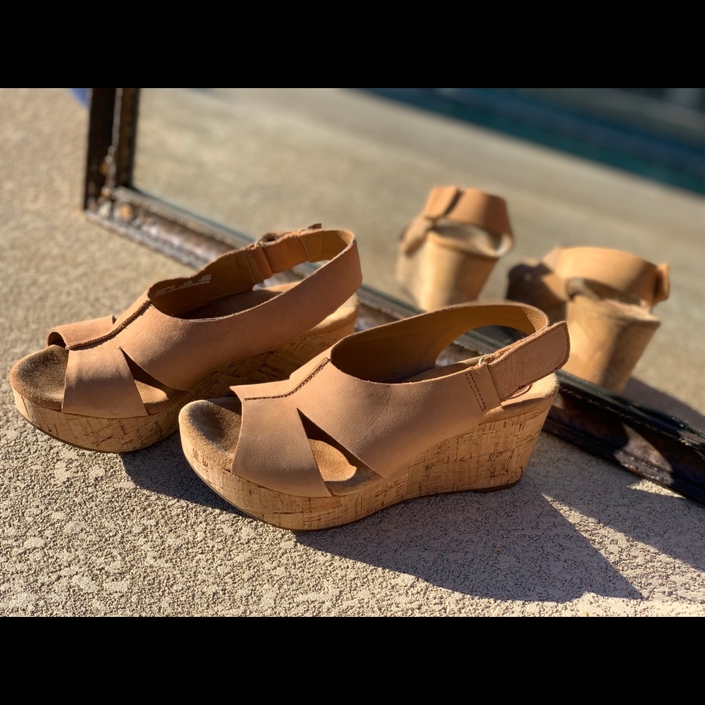 Tan Suede Cork Wedge Platform Clarks Sandal